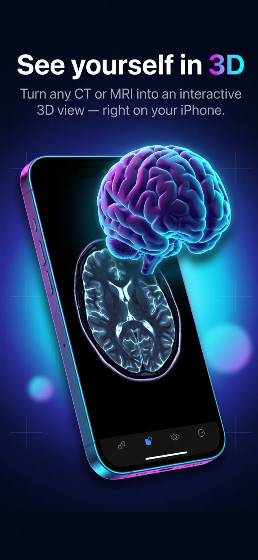Slicora on iPhone turning an MRI into an interactive 3D view of a brain