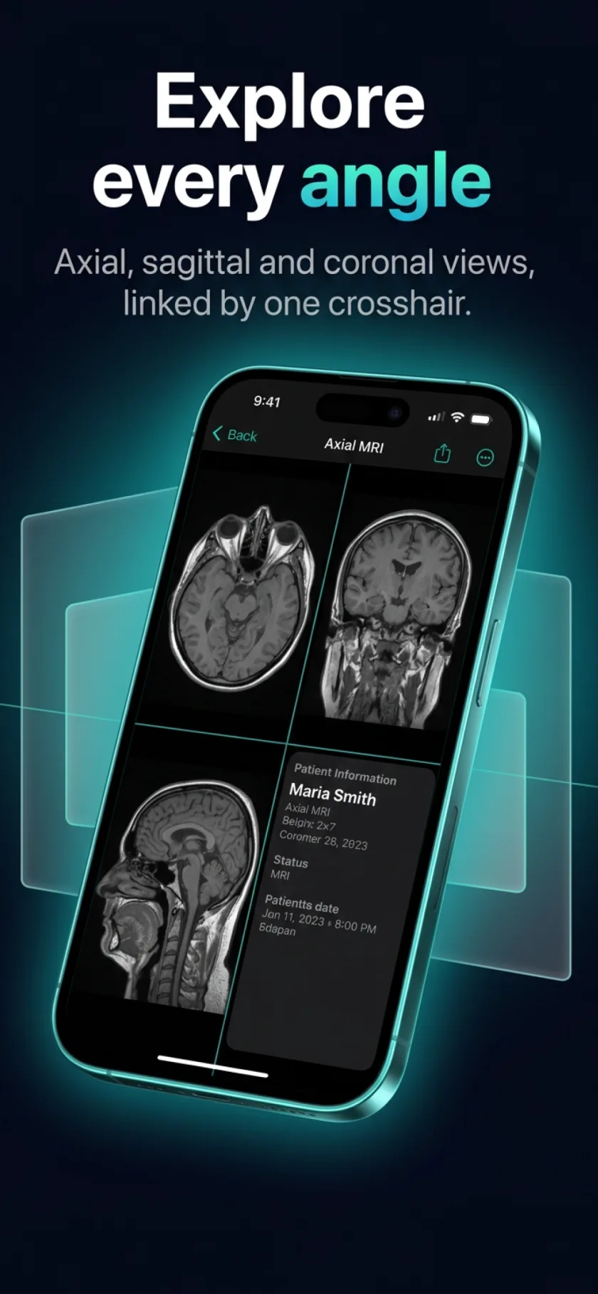 Slicora showing axial, coronal and sagittal MRI views linked by one crosshair